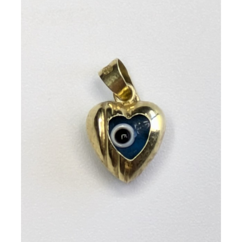 3D Blue Evil Eye Good Luck Heart Reversible Charm Pendant Real 14K Yellow Gold